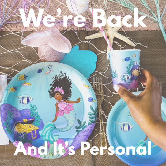 Black mermaid party supplies by Anna + Pookie, including illustrated plates and cups for kids’ birthdays, featuring an African American mermaid, ocean theme, and text ‘We’re Back And It’s Personal.