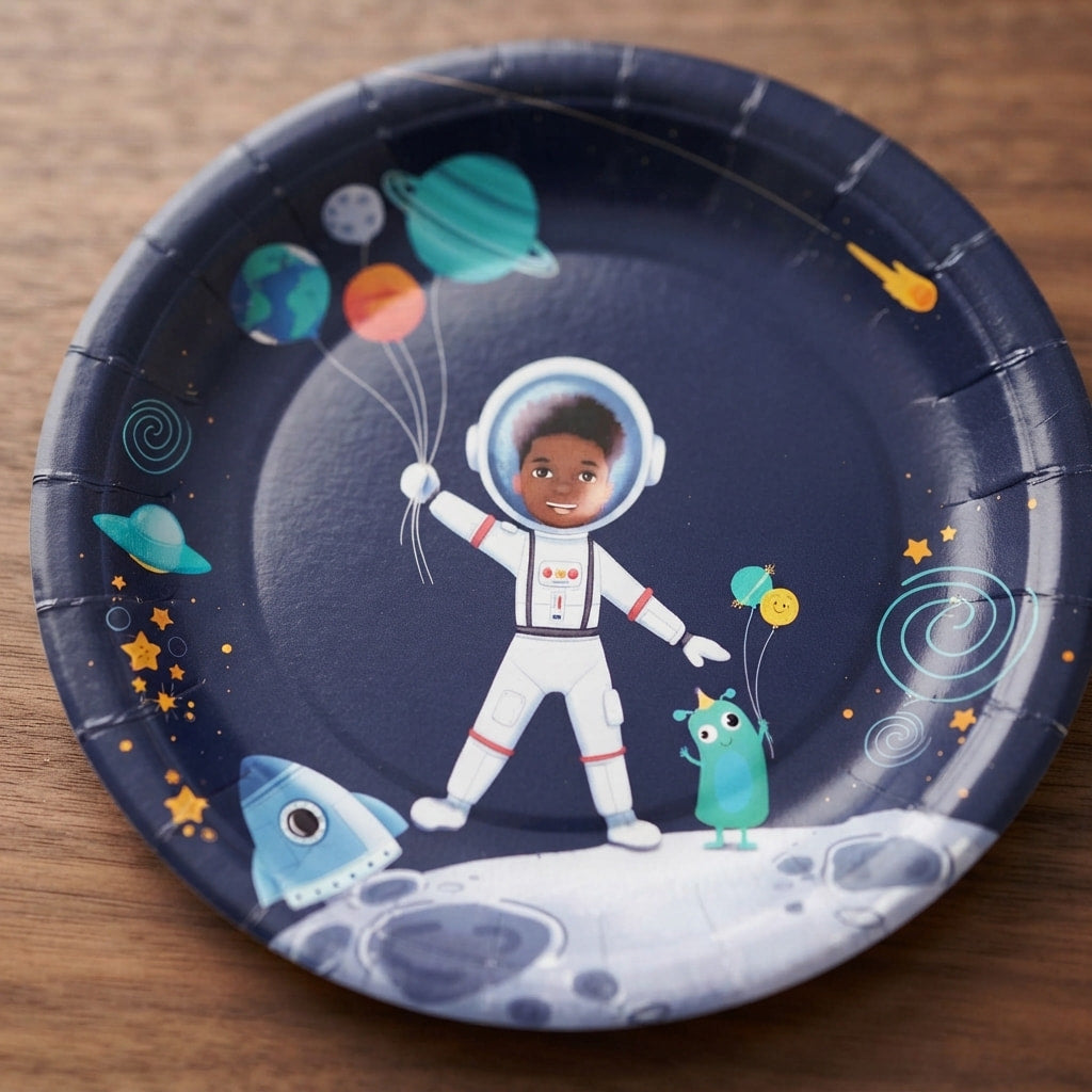 Astronaut Paper Plates (Large) | Blue, fine grain scene