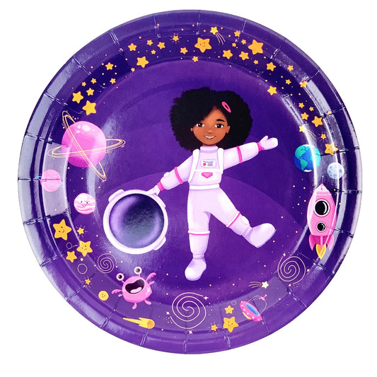 Girl Astronaut Paper Plates (Large) | Purple — included in the Girl Astronaut party set