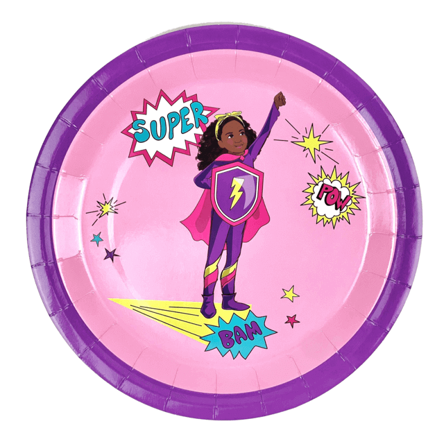 Girl Superhero Paper Plates (Large) | Pink — included in the Girl Superhero Pink party set