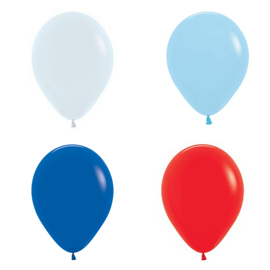 Latex Party Balloons | Blue, Light Blue, Red, White (12 Pack)