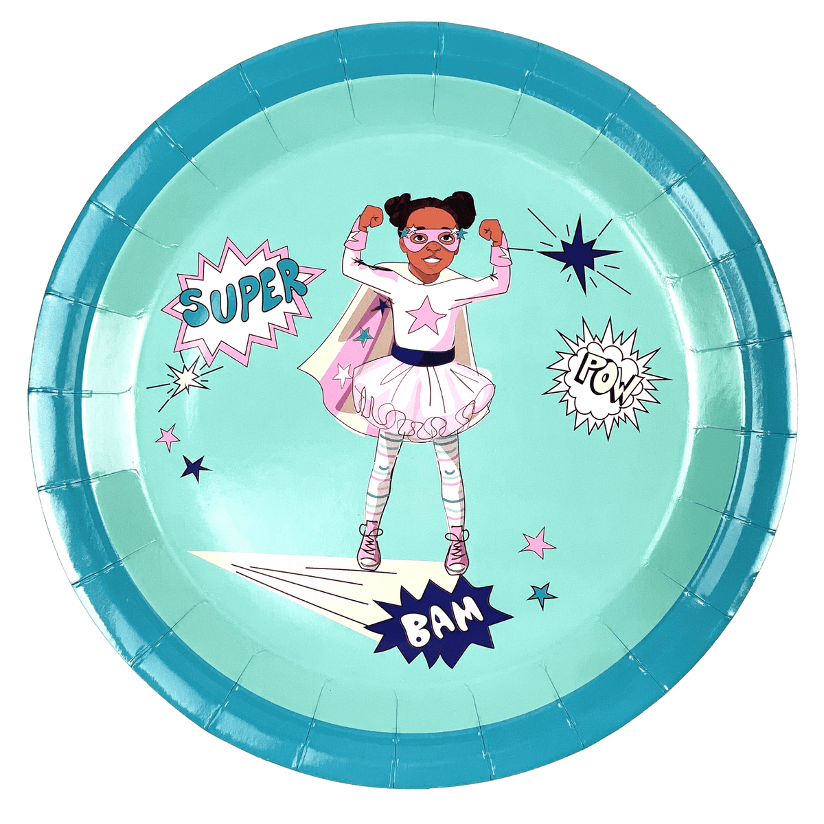 Girl Superhero Large Paper Plates | Mint Green — included in the Girl Superhero Mint party set