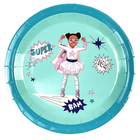 Girl Superhero Large Paper Plates | Mint Green — included in the Girl Superhero Mint party set