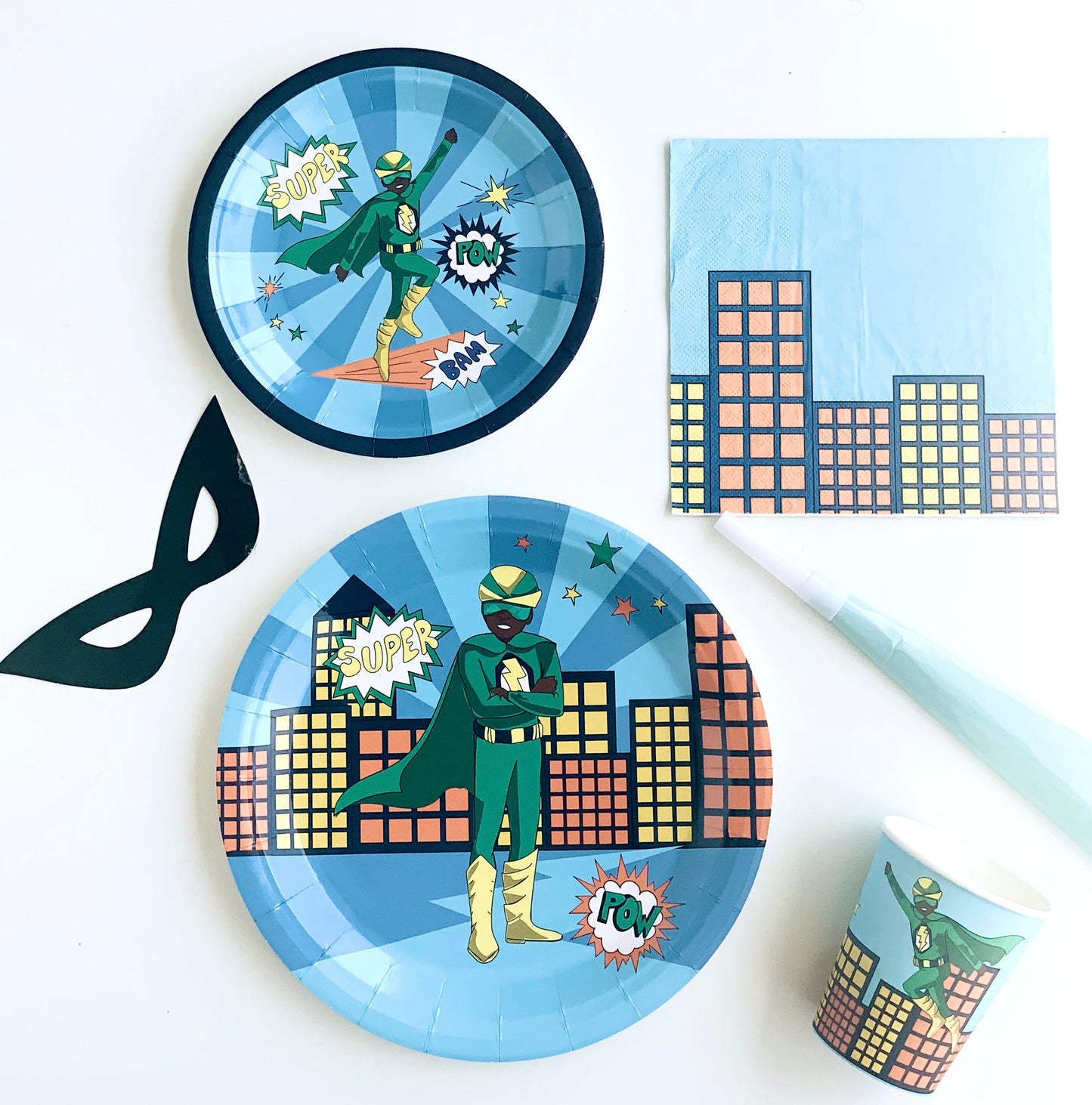 African American Superhero Paper Plates (Large) | Green Suit