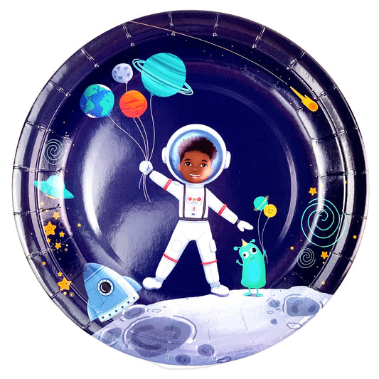 Black Boy Astronaut Paper Plates in Dark Blue (Large)
